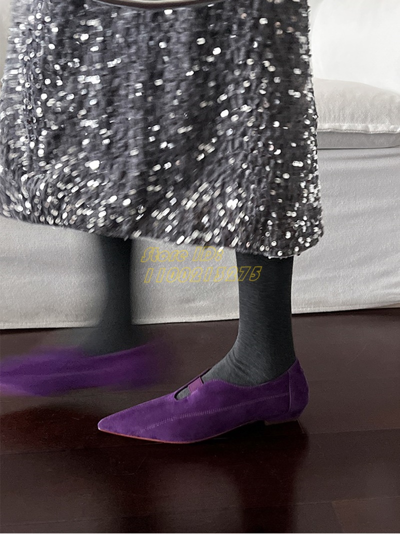 Women Shoes Winter - Fioletowe zamszowe czółenka z ostrym noskiem,