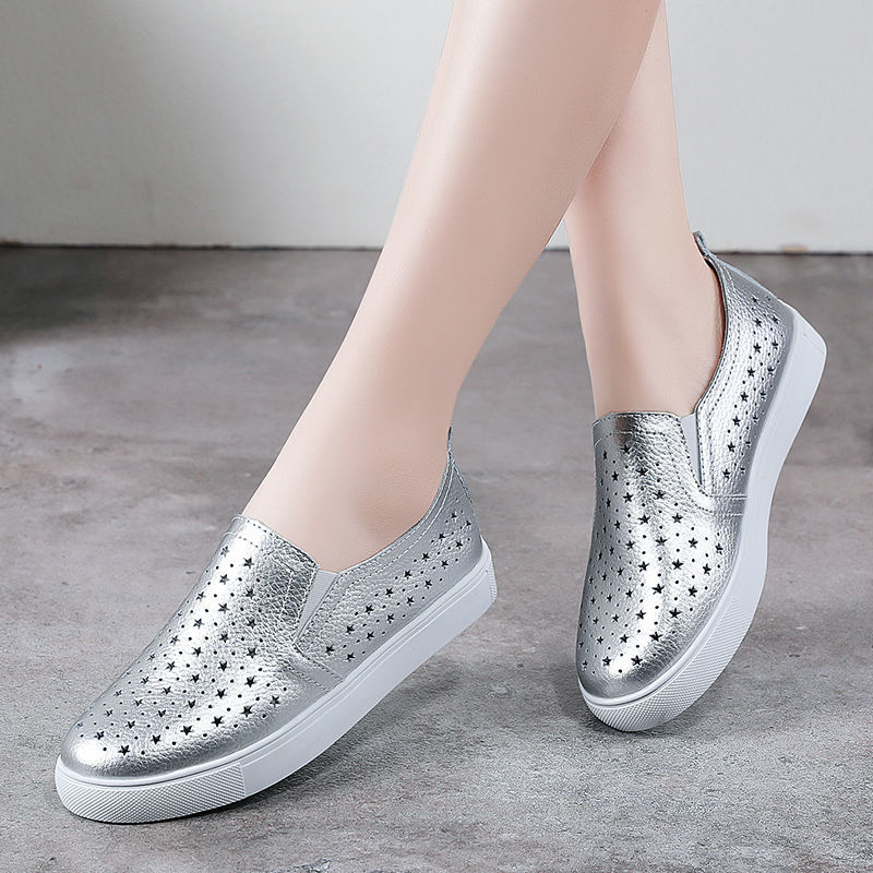 Women'S Shoes For Standing All Day - Wiosenne lato srebrne mieszkania drążą buty