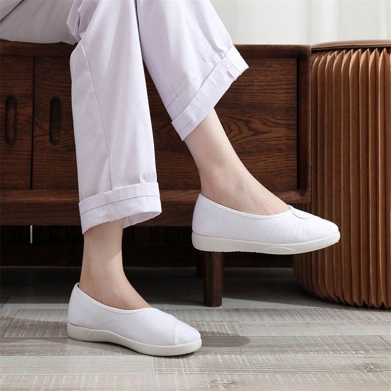 Women'S Shoes For Standing All Day - Miękkie, materiałowe buty robocze damskie, białe,