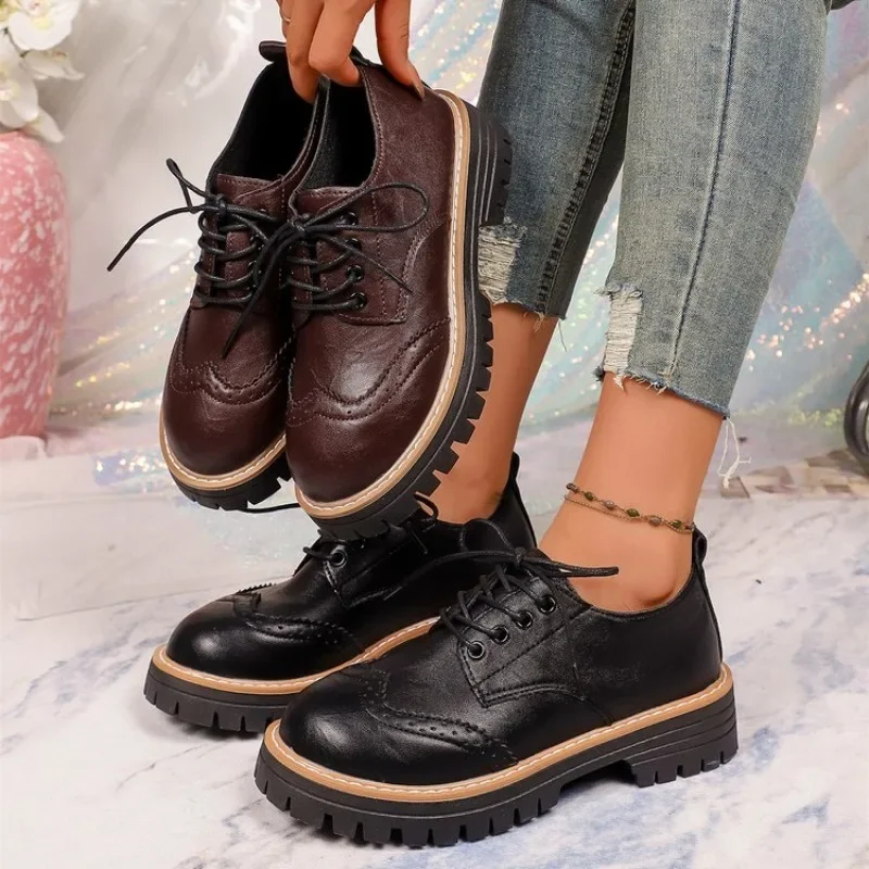 Oxford Lace Up Women - Damskie klasyczne oksfordki na platformie, szyte,