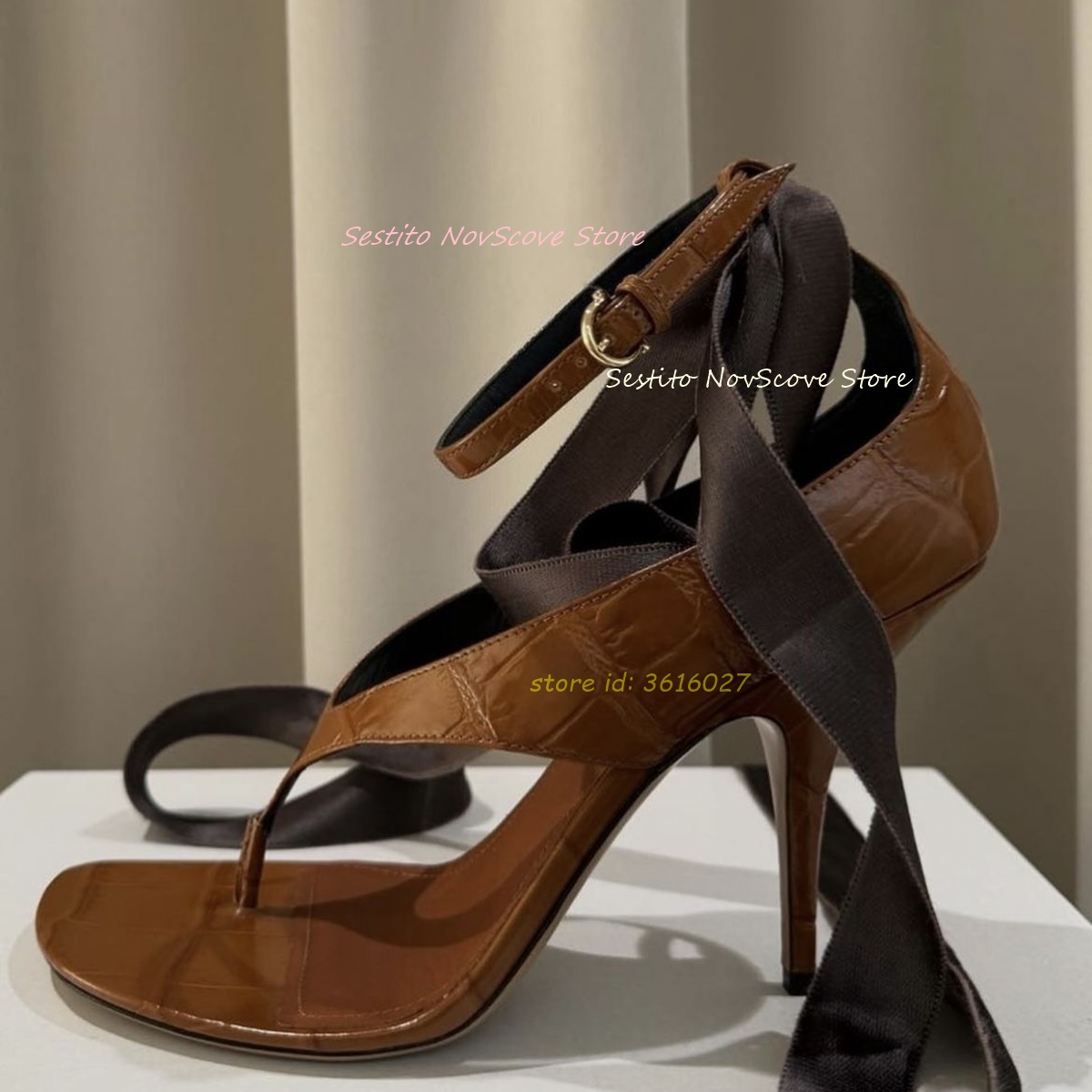 Platform Mule Heel - Brązowe sandały z odkrytymi palcami, sznurowane,