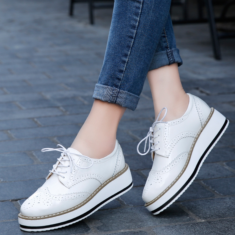 Oxford Lace Up Women - Damskie buty wsuwane skórzane grube obcasy
